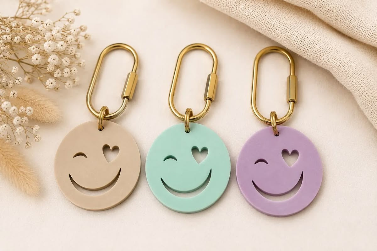 Happy Moments Schlüsselanhänger | Herz Smiley | Geschenk für Lieblingsmenschen | Schulkind | Einschulung | Bag